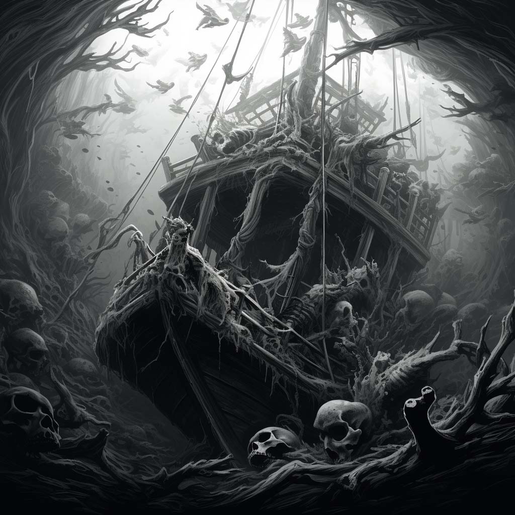 Illustration of a ghostly shipwreck beneath the tides of Westbook, CT