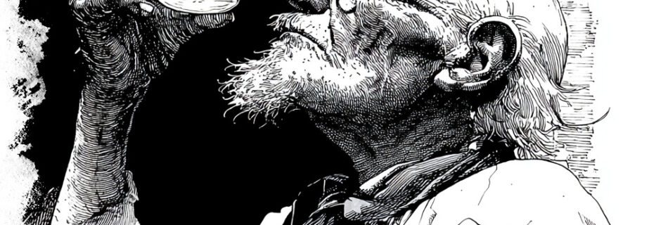 illustration of an old man preparing to drink from the mysterious spring water from Stafford, CT