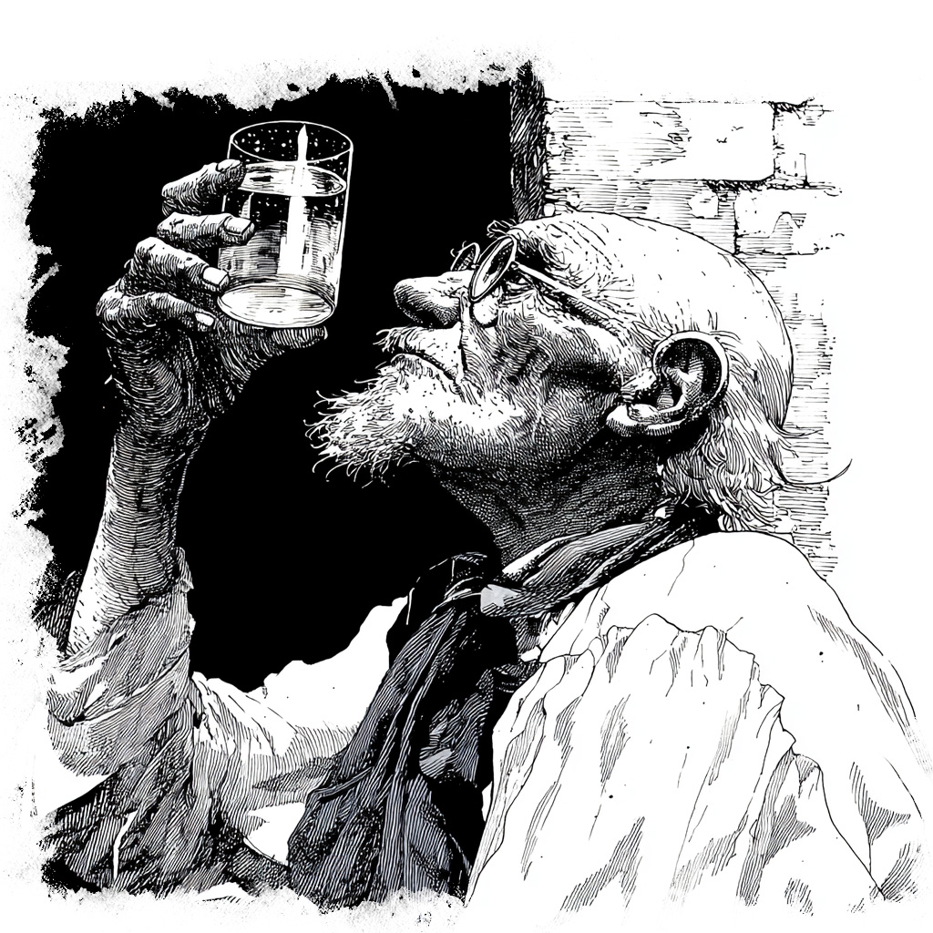 illustration of an old man preparing to drink from the mysterious spring water from Stafford, CT