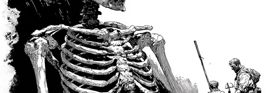 illustration of farmers excavating the bones of a giant from beneath Vernon, CT