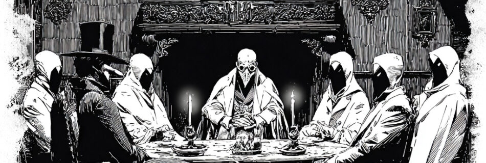 illustration of a strange meeting of masked figures in a mysterious location somewhere in Willington, CT