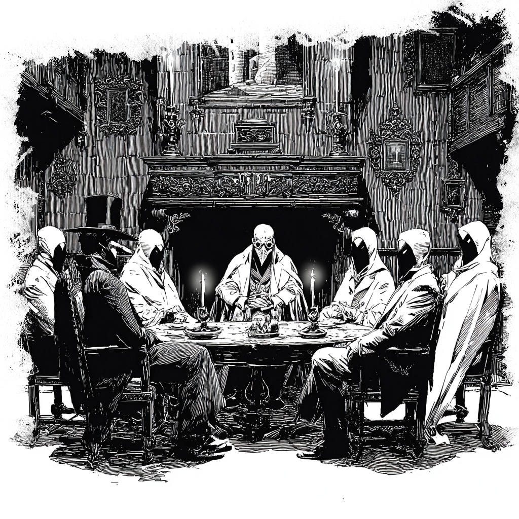 illustration of a strange meeting of masked figures in a mysterious location somewhere in Willington, CT